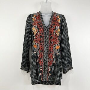 Johnny Was Biya Ginger Silk Blouse Top Womens XS Embroidered‎ Aztec Long Sleeve